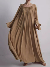 Pleated Solid Color Split-Joint Flared Sleeves Loose Round-Neck Maxi Dresses